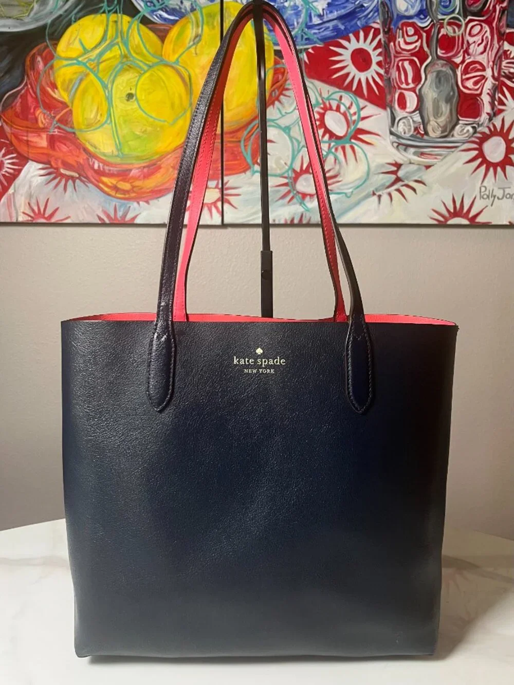 Kate Spade Arbour Hill Elodie Navy Pink Reversible Leather Tote Shoulder Bag